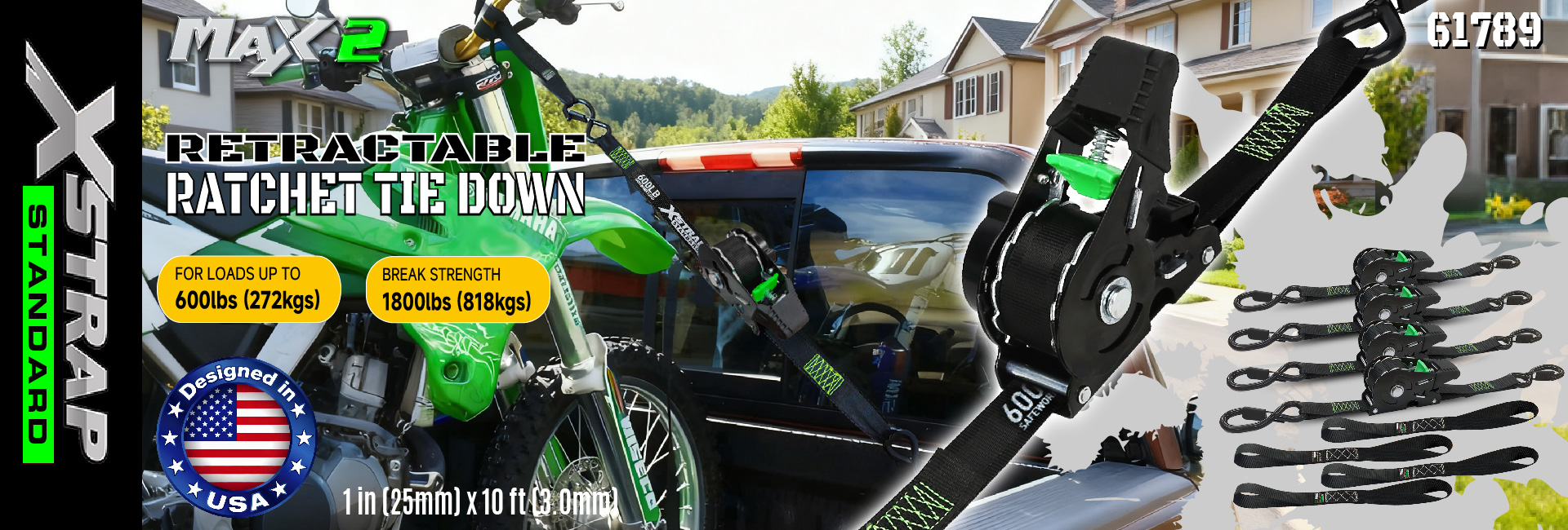 Xstrap 61789 Zaťahovacie račňové upínacie popruhy 1 palec x 10 stôp Bezpečné uchytenie pre motocyklové vodné skútre Pevnosť 1 500 LBS/680 KG