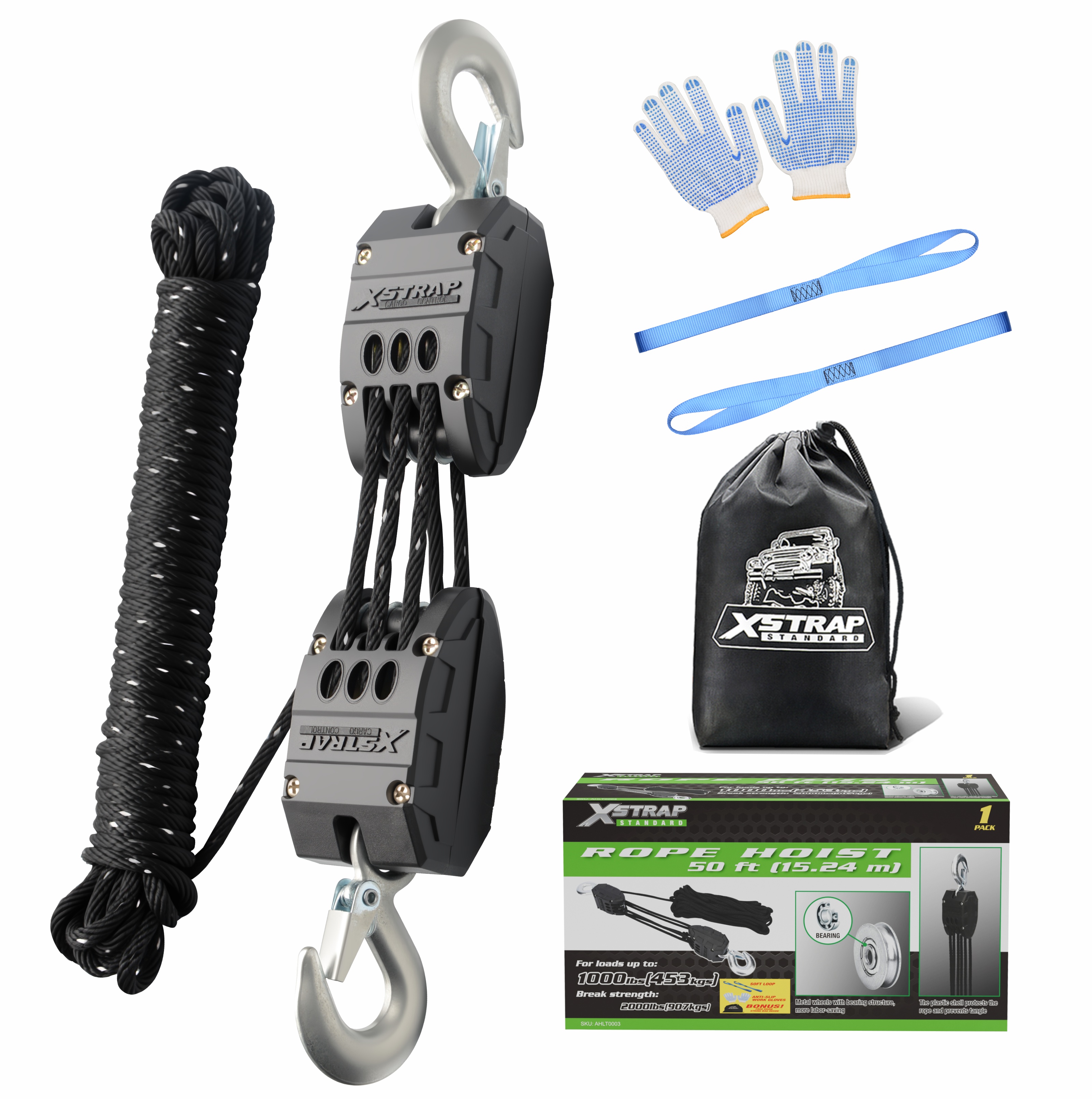 XSTRAP AHLT0003-reflexný čierny lanový kladkostroj 1000LB