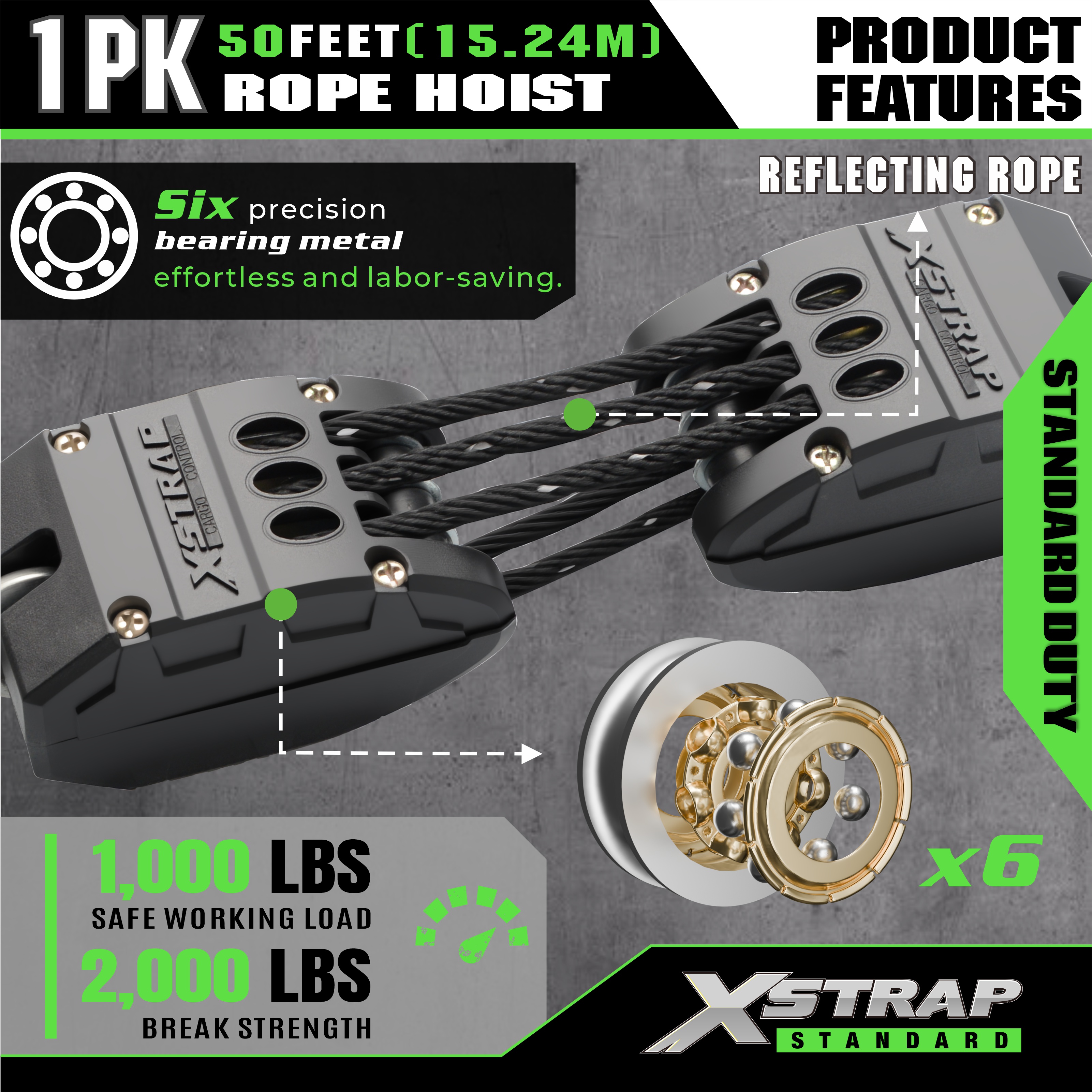 XSTRAP AHLT0003-reflexný čierny lanový kladkostroj 1000LB