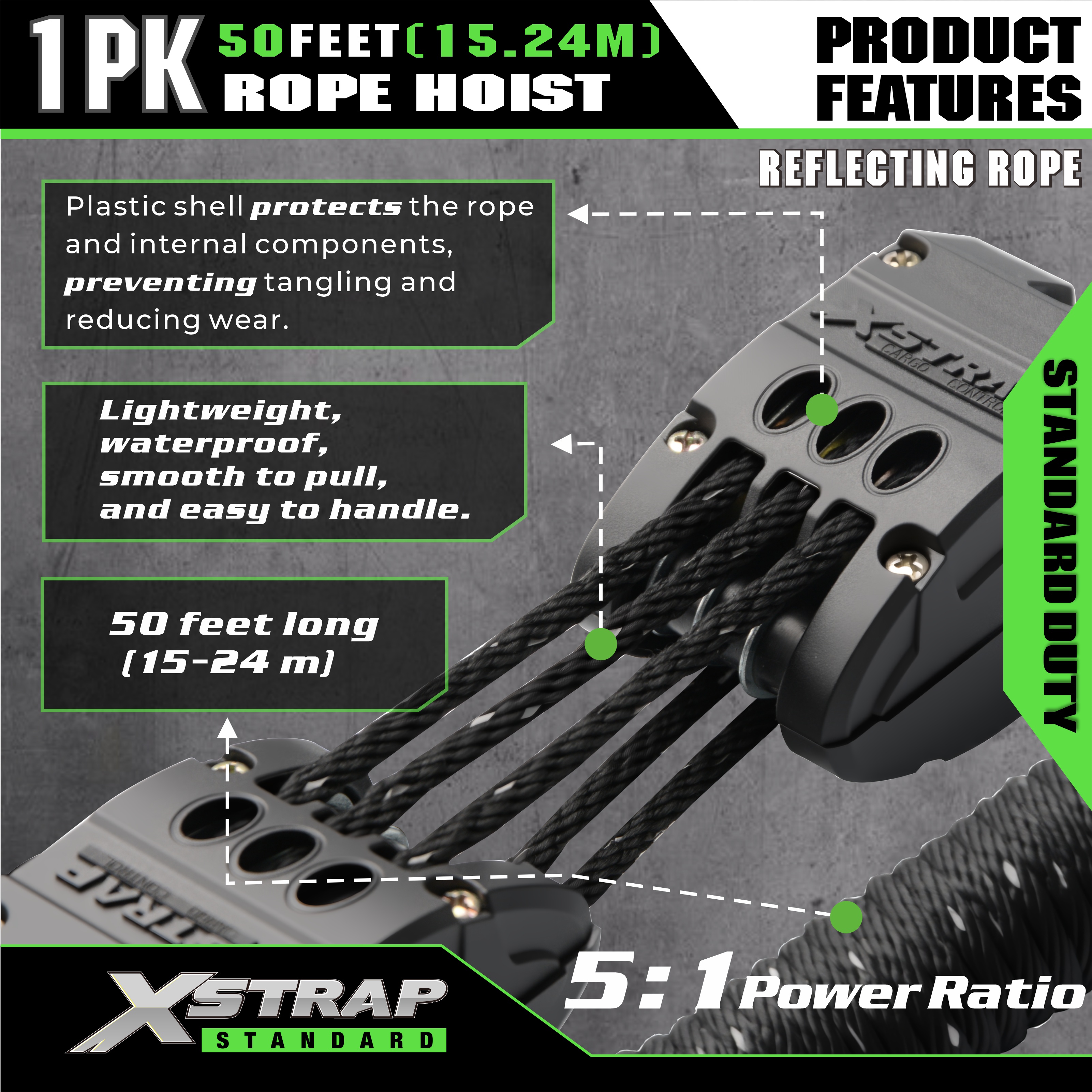 XSTRAP AHLT0003-reflexný čierny lanový kladkostroj 1000LB