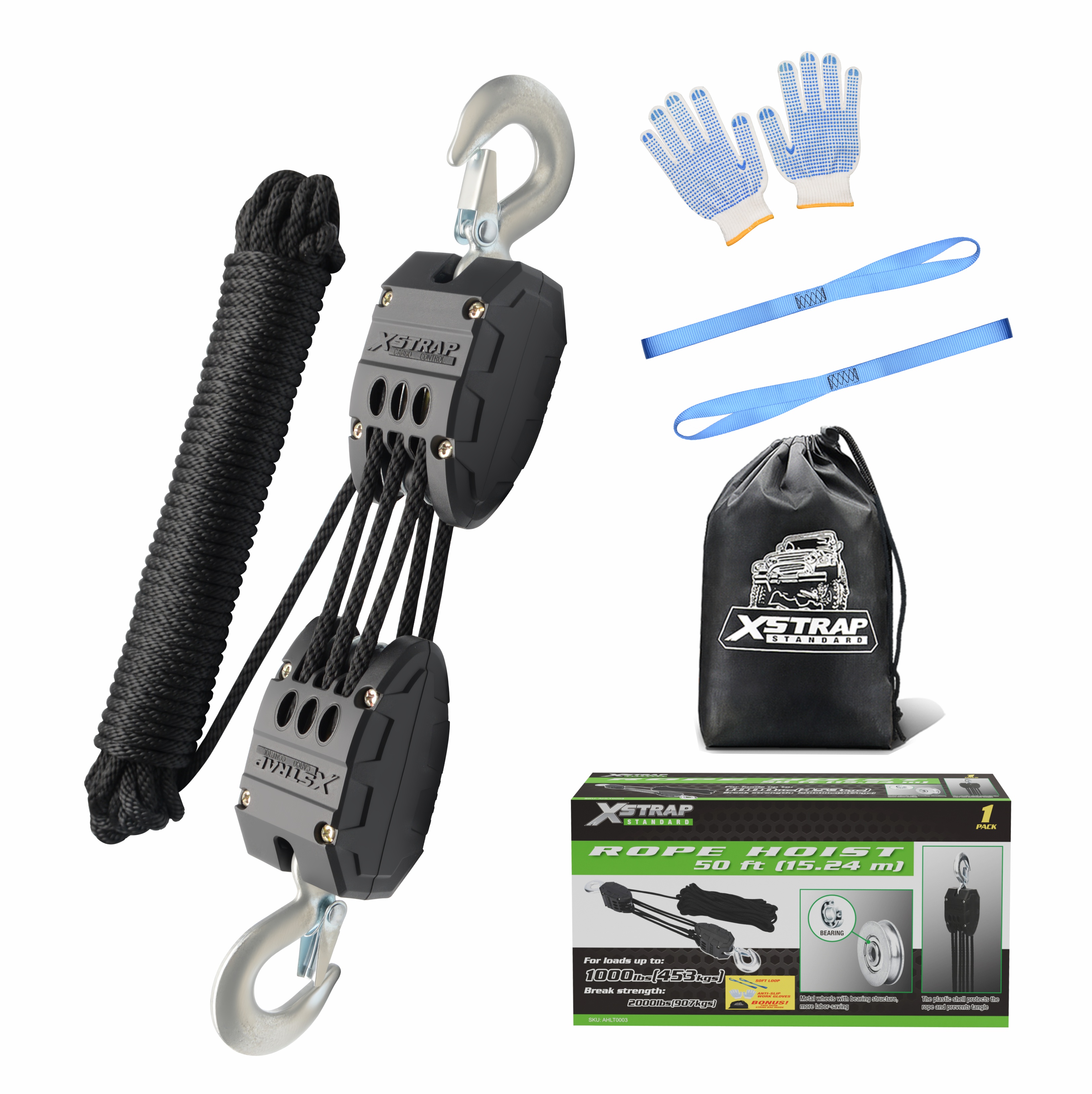 XSTRAP AHLT0003 Čierny lanový kladkostrojový kladkostroj 1000LB