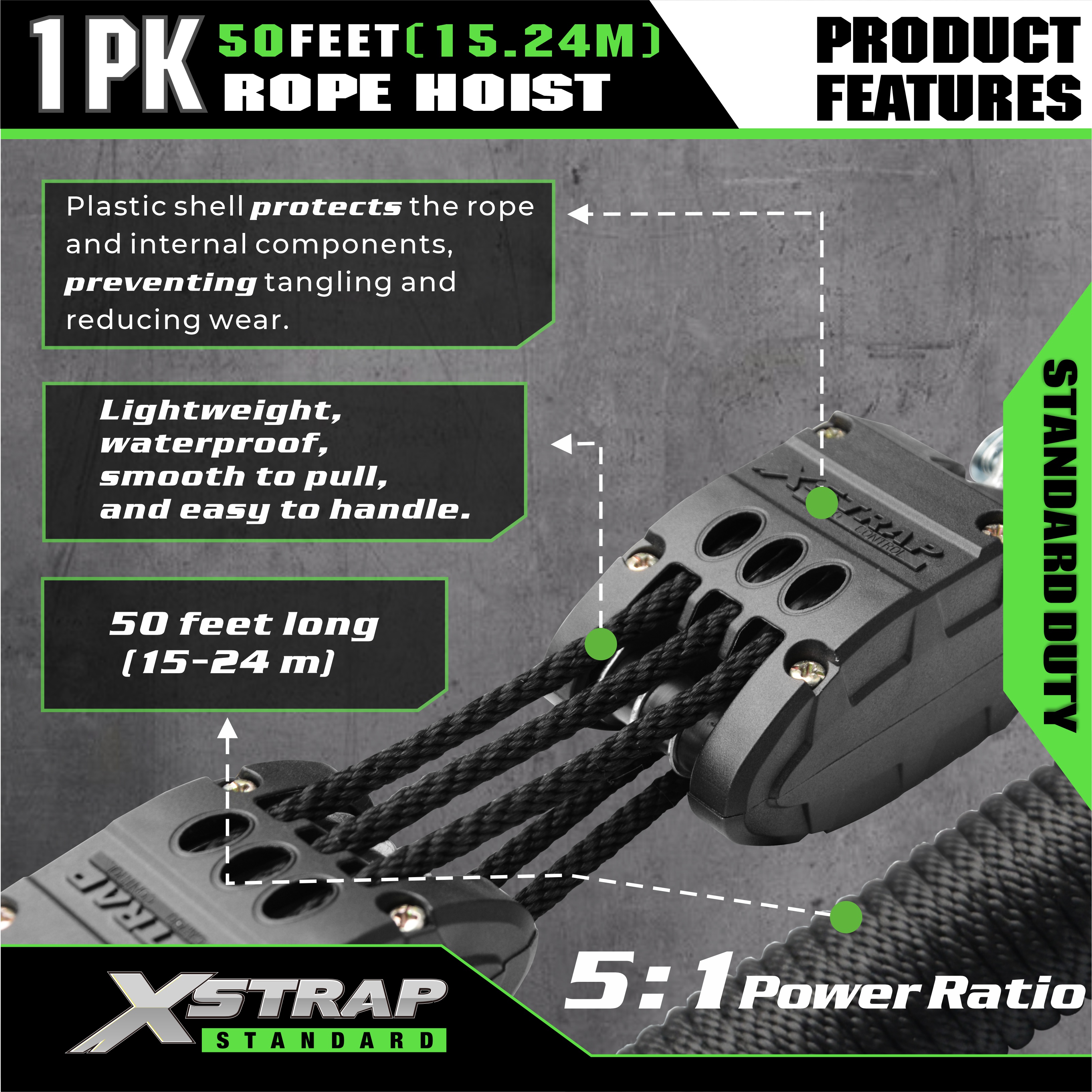 XSTRAP AHLT0003 Čierny lanový kladkostrojový kladkostroj 1000LB