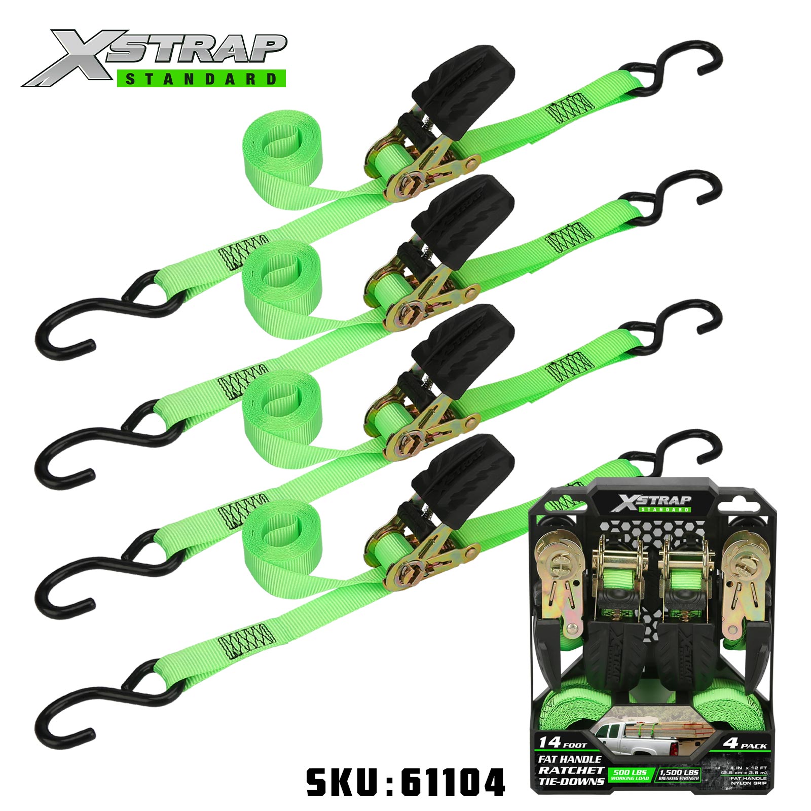 Xstrap 61104 1” x 12” 4PK Ratchet Tie Down 500 lb SWL