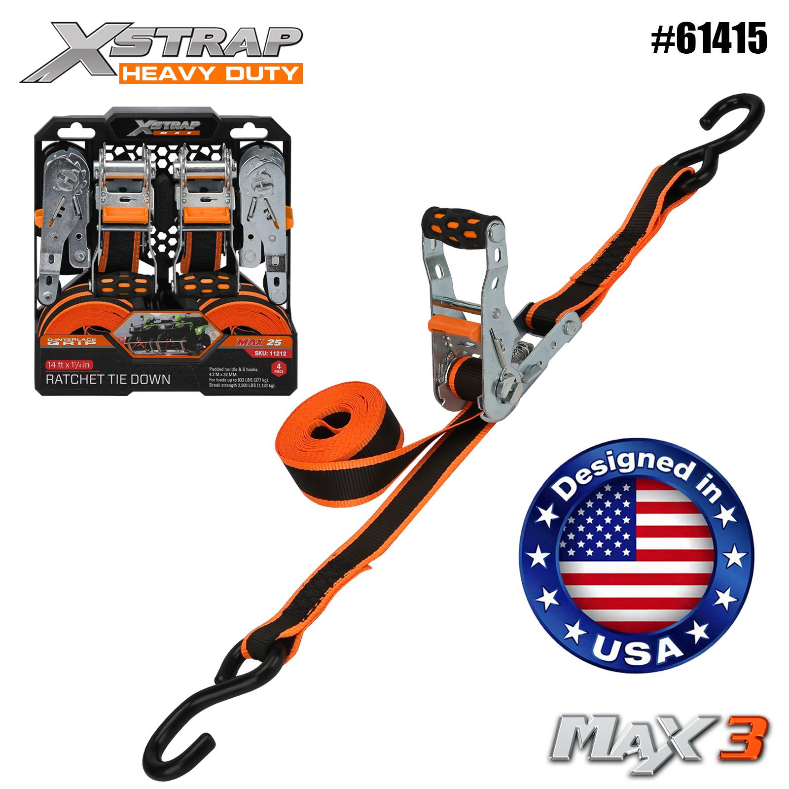 Xstrap 61415 1-1/4” x 14” 4PK Ratchet Tie Down 1000 lb SWL