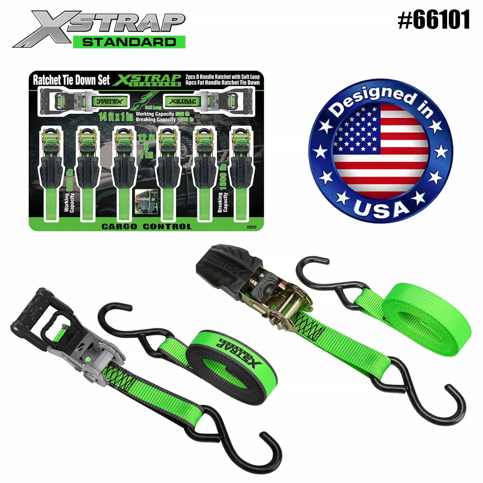 Xstrap 66101 1” x 14” 2PK D račňa s rukoväťou s mäkkou slučkou 500 lb SWL a 1” x 12” 6PK plochá račňa s račňou na uviazanie 500 lb SWL