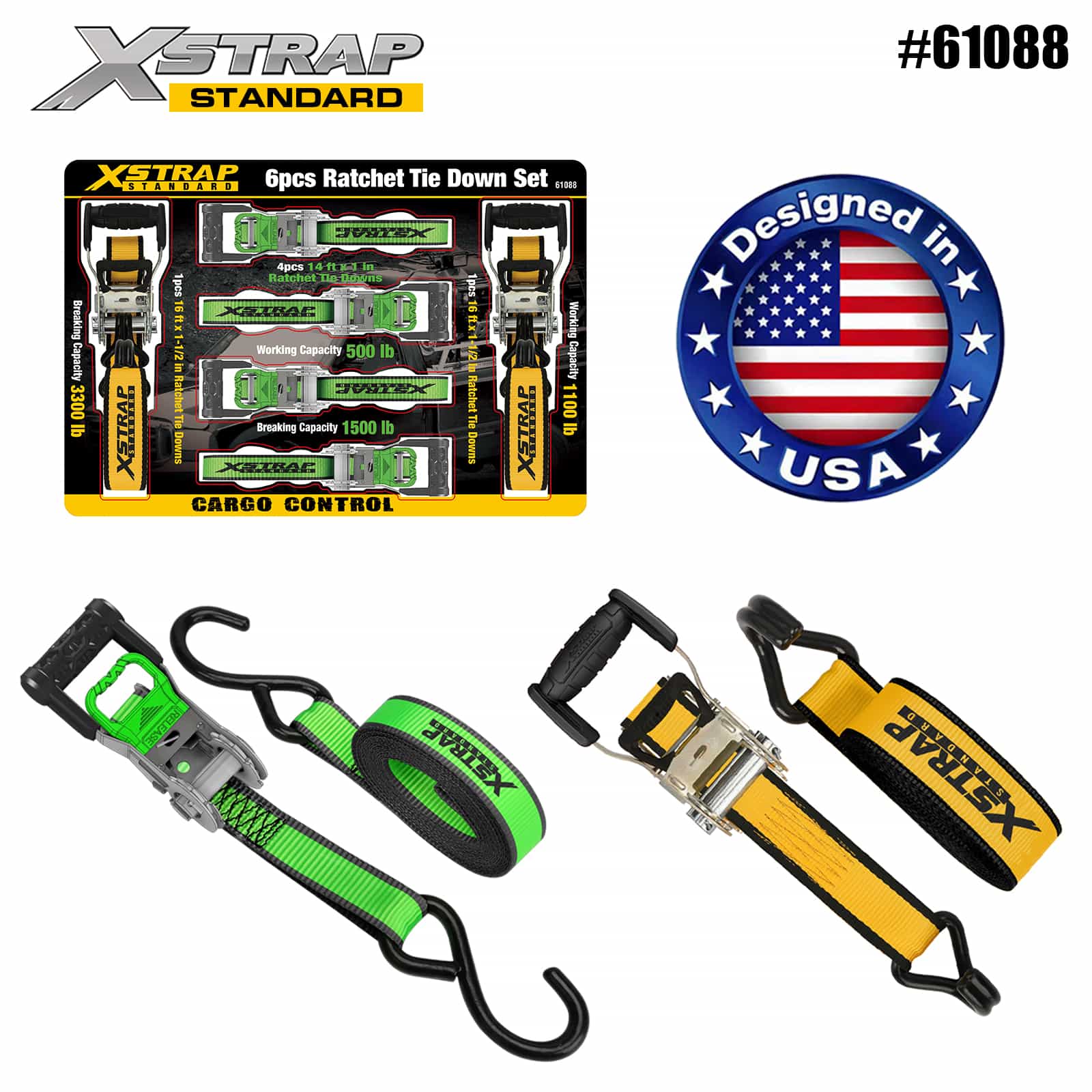 Xstrap 61088 1” x 14” 4PK D račňa s rukoväťou s mäkkou slučkou 500 lb SWL a 1” x 16” 2PK extra široká račňa s račňou na viazanie 1100 lb SWL