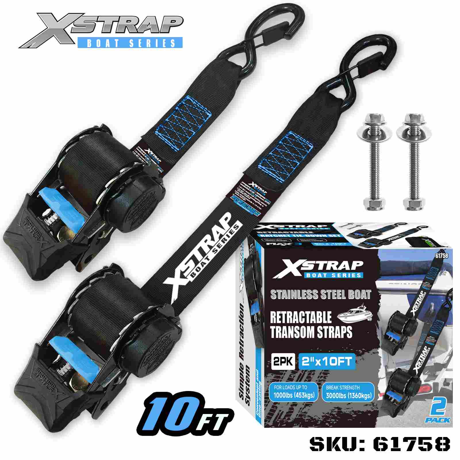 Xstrap 61758 2” x 3,6” 2PK lodný zaťahovací remienok s bezpečnostnými S háčikmi 1000 lb SWL